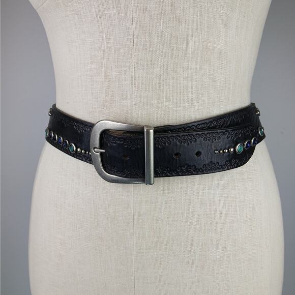 VTG SZ L Black Leather Handcrafted Belt Turquoise Gems Silver Studs Made USA